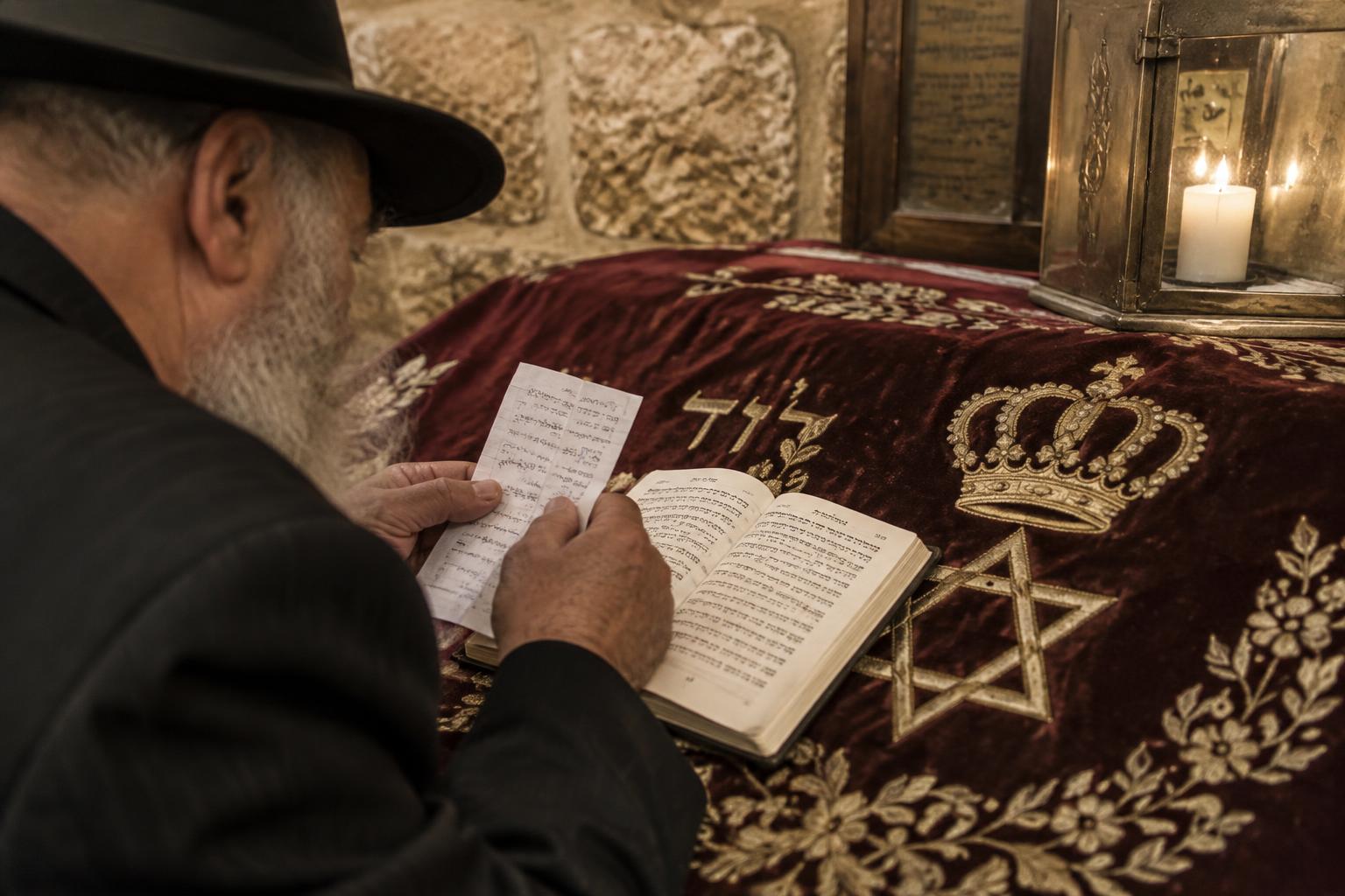 A folded page of names beside an open Tehillim on a velvet ledge lit by an olive-oil lamp