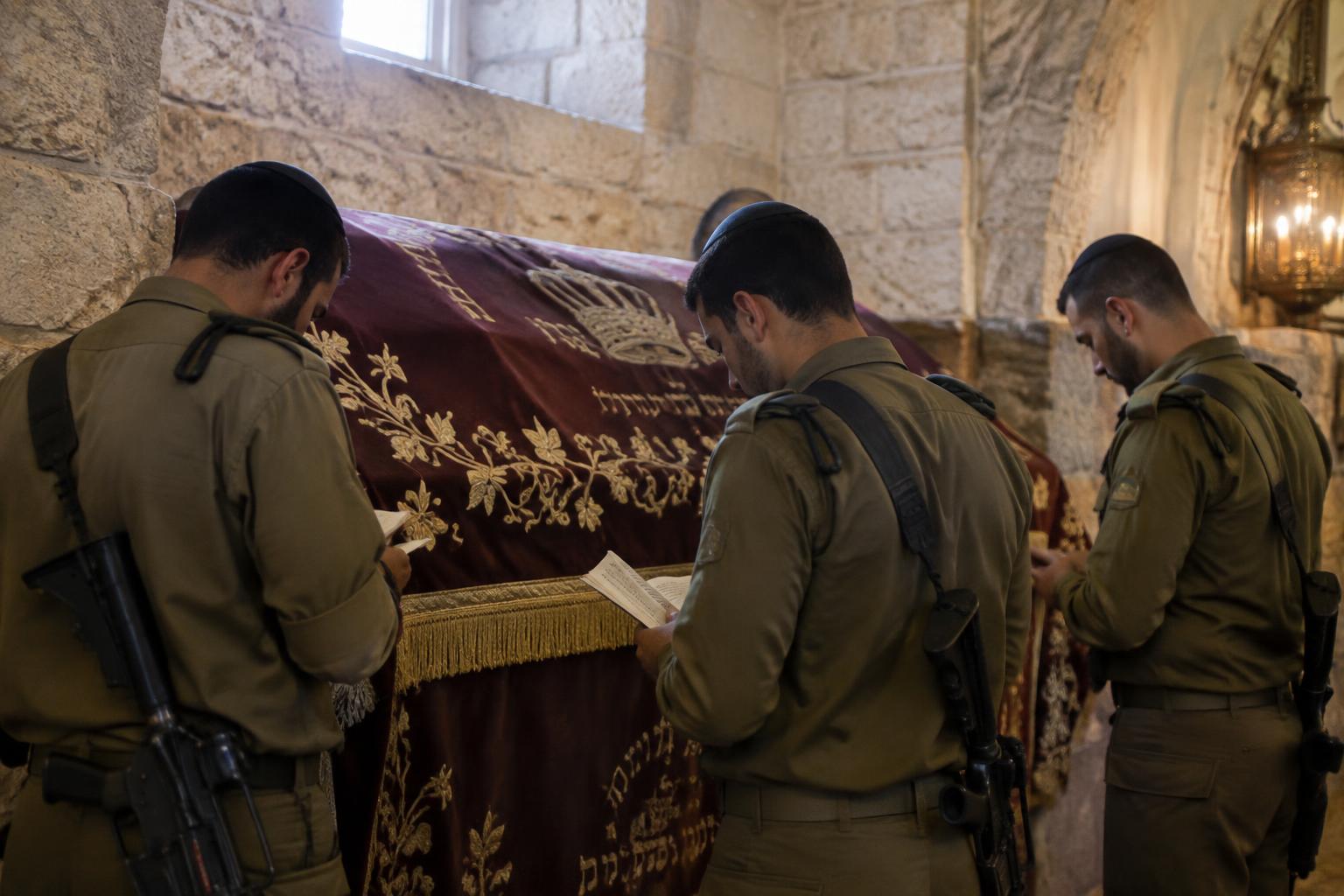 Soldiers standing quietly in prayer at a Jerusalem stone wall by lamplight
